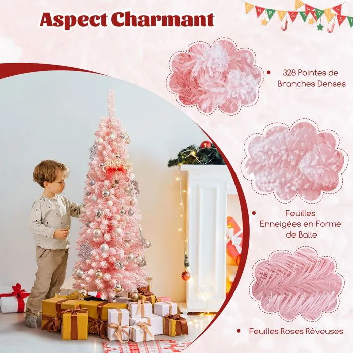 Sapin de Noël Artificiel Rose 150cm COSTWAY, Arbre de Noël Floqué de Neige, 328 Branches, Support en Métal Pliable, Forme de Crayon-2