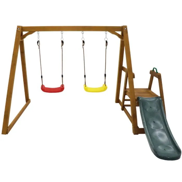 Balançoire robuste avec toboggan et échelle, cadre de balançoire en bois massif, 238,5x240x168,9 cm-4