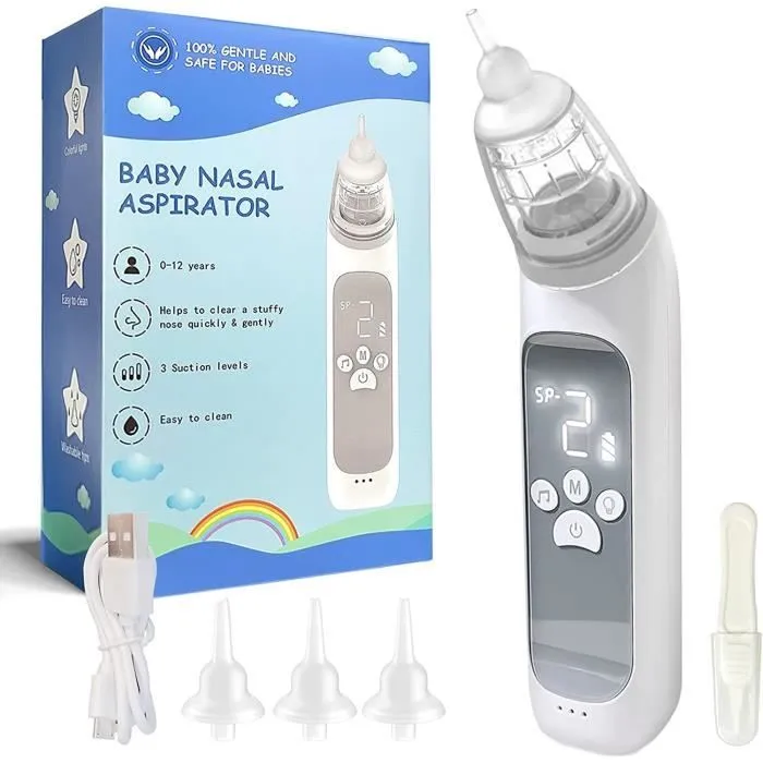 Aspirateur Nasal Électrique Bébé,Mouche Bebe avec 3 niveaux d'aspiration ,lumière, musique et 3buses réutilisables pour bébé-0