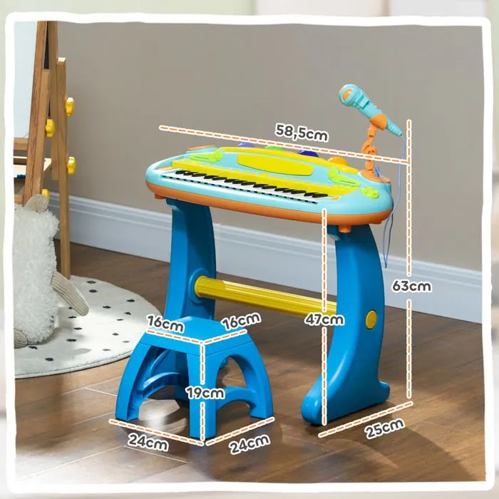 Piano enfant électronique AIYAPLAY 37 touches, avec micro, tabouret, lumière LED, fonction d'enregistrement et de relecture, bleu-3