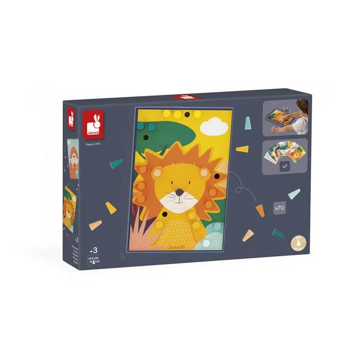 Jouet d'éveil - JANOD - Mosaïques en Bois - 6 Cartes Perforées - 70 Pions Colorés - Dès 3 ans-1
