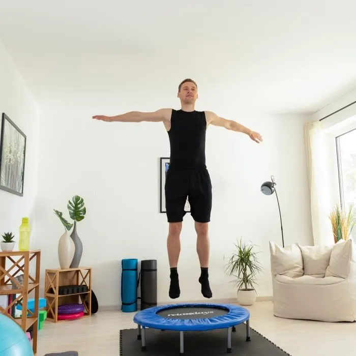 Relaxdays Trampoline intérieur pliable bleu-noir fitness gym musculation HxlxP: 22 x 95 x 95 cm charge maximale 100 kg, bleu-noir-1