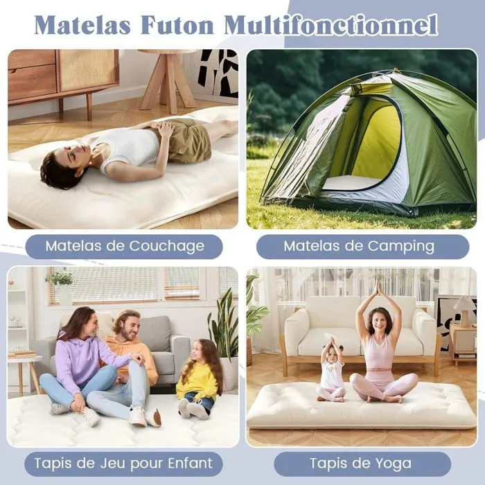 COSTWAY Matelas Futon Japonais 90x200CM - Surmatelas Amovible, Matelas de Sol Pliable - Maison, Camping-car, Dortoir - Beige-2