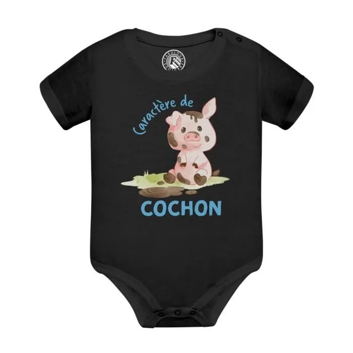 Body Bébé Manche Courte Noir Caractère de Cochon Humour Expression-0