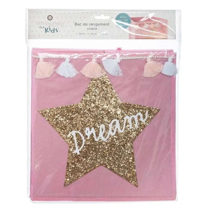 Bac de rangement enfant "Dream" - sequin et pompons - Rose clair - Atmosphera createur d'interieur-2