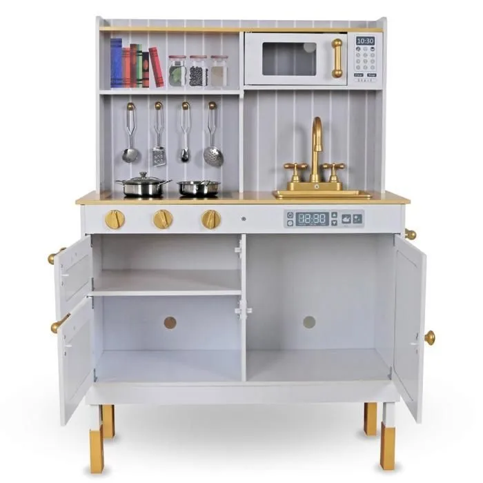 Cuisine Enfant En Bois 70*30*99,5 Mamabrum- Cuisine évolutive sur pieds, Dinette Ustensiles Tablier Frigo Micro-ondes Plaque-4