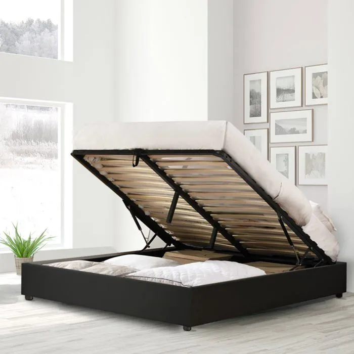 Lit Coffre Vegas 160 x 200 by Sampur | Simili Cuir Noir | Grand Coffre de Rangement - Design et Moderne - Sommier à Lattes en Bois-0