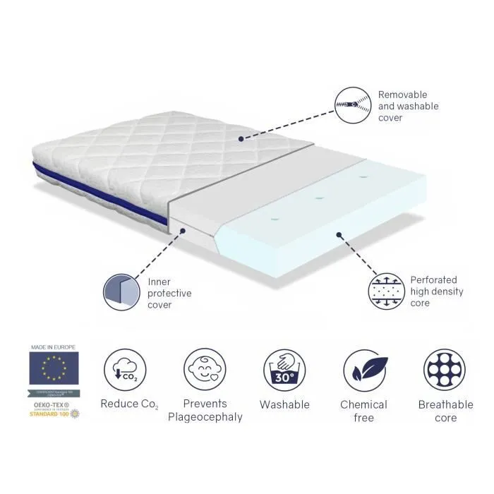 Matelas bebe 60X120 HERMES mousse, Epaisseur 11 CM, Respirante et Dehoussable. Fermete ideale pour les enfants-2