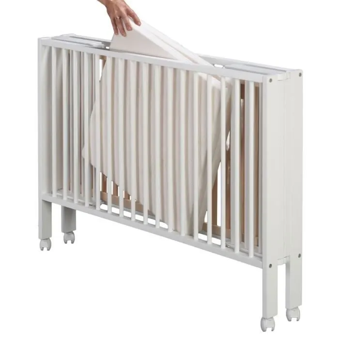 Lit bébé à barreaux pliable - Marque - Modèle - Hêtre massif - Blanc - Matelas inclus-1