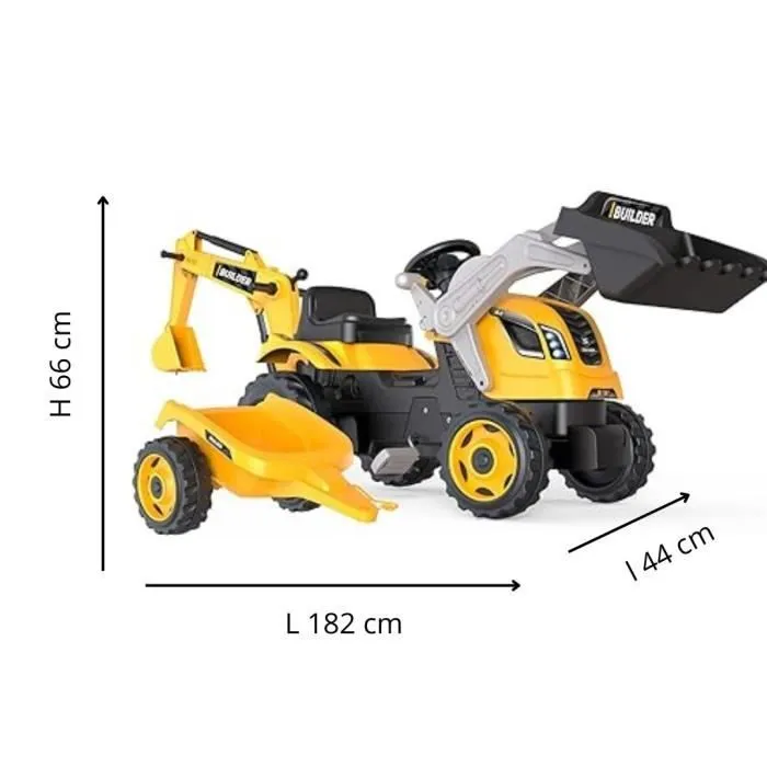 Tracteur à pédales Builder Max + Remorque + Pelleteuse + Pelle - Smoby - Jaune-1