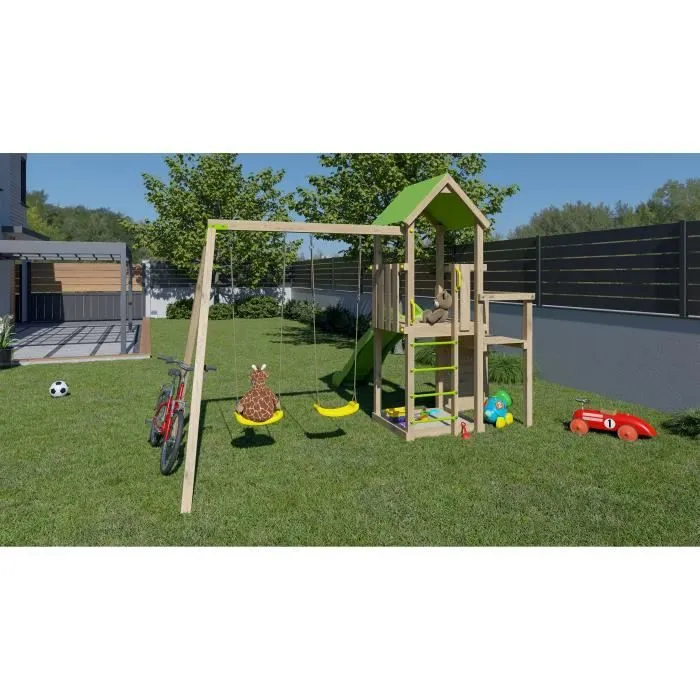 Aire de jeux en bois 2,20 m ULTRA XPERIENCE - TRIGANO JARDIN - Mur d'escalade toboggan et balançoires - 8 enfants-4