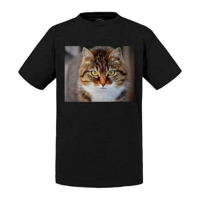 T-shirt Enfant Gris Magnifique Chat Tigre a Poil Long Gros Plan Yeux Vert-0