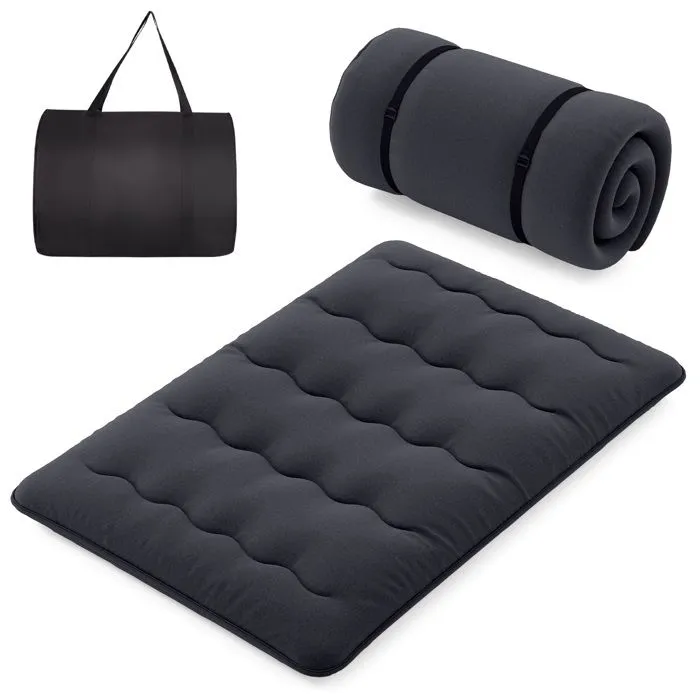 COSTWAY Matelas Futon 140 x 200 CM, Surmatelas Amovible Lavable, Matelas de Sol Portable avec Sac de Transport pour Camping, Noir-0