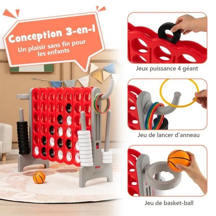 COSTWAY Jeux Puissance 4 Géant pour Enfants Multifonction 3 en 1 avec Cerceau de Basket-ball Jeu d’Anneaux au Côté 42 Anneaux Gris-1