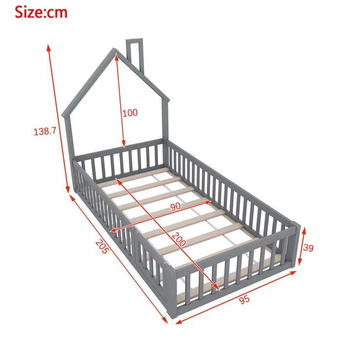 Lit enfant - Lit cabane - 90x200cm - Bois massif - Gris - Avec sommier à lattes-5