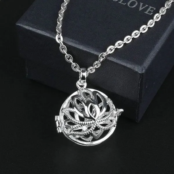 Bola de grossesse fleur de lotus avec boule bleue * Longueur collier : 114 cm * Matière pendentif : Cuivre, plaqué argent *-3