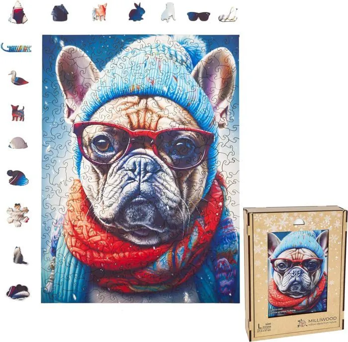 Puzzle en bois pour Enfants - Série Cold is cool - Le froid, c'est cool - Bouledogue - 27,5 x 37cm - 316 Éléments - Milliwood-0