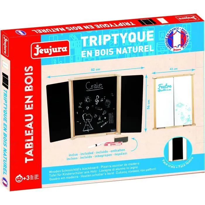 Tableau Triptyque Mural en Bois Naturel - JEUJURA - Ardoise Centrale et Volets Craie/Feutre, Accessoires Inclus, 82x56 cm-0