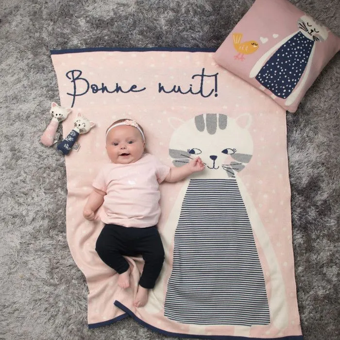 Couverture en coton bio Gots Chaton 80 x 100 cm Rose-1