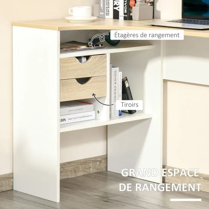 Bureau d'angle HOMCOM - Bureau informatique multi-rangement - Aspect chêne clair et blanc-4