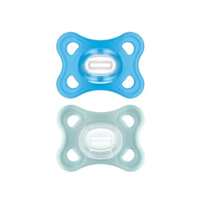 Tetine Mam Comfort Sucette en lot de 2, 100% silicone, avec etui porte-sucette, 2 a 6 mois, bleu clair-0
