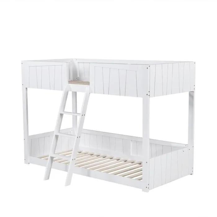 Lit superposé avec échelle à trois marches, design de la barrière de sécurité, cadre en bois massif, pin + MDF, blanc, 90x200 cm-3