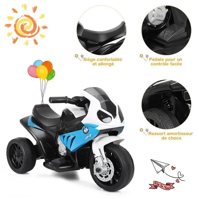 COSTWAY BMW Moto Electrique pour Enfants 6V/4Ah,3 Km/h avec Phare, Musiques 3 Roues 1,5-3 Ans Bleu-1