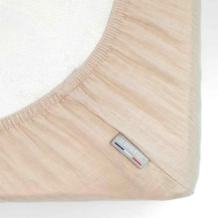 Drap housse en gaze de coton à carreaux 70x140 Beige-3