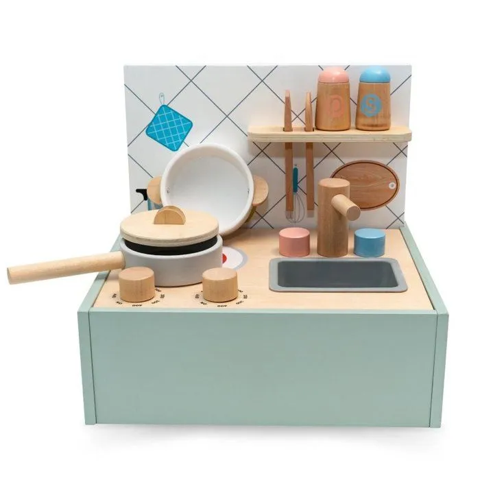 Cuisine Enfant Pliable Portatif en bois avec accessoires - mini cuisine avec Poignée de Transport Pratique-  Facile à Rangerpliable-2