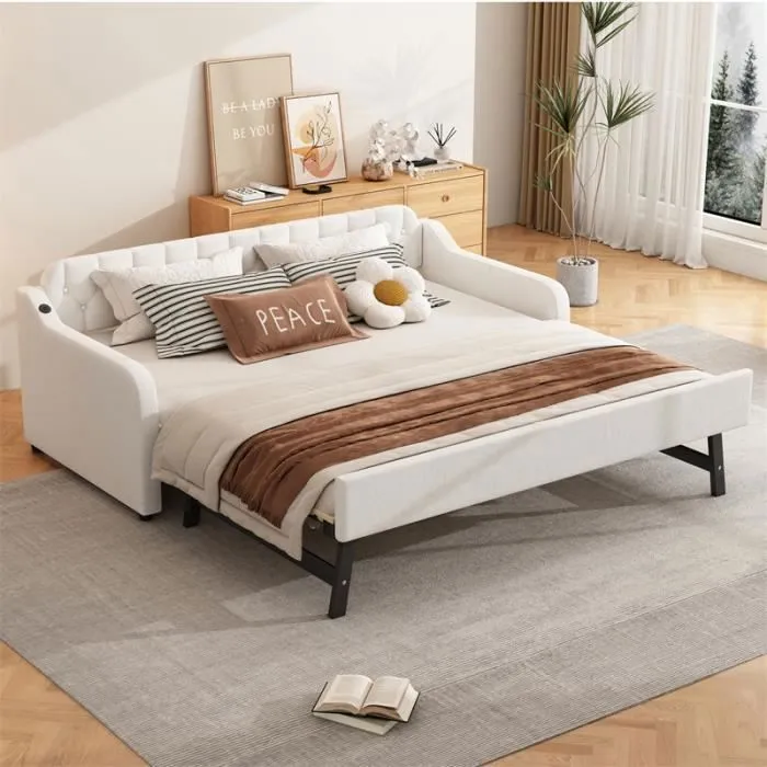 Canapé lit extensible - Beige - 90x200cm - Port USB - Design contemporain - 2/3 places-0