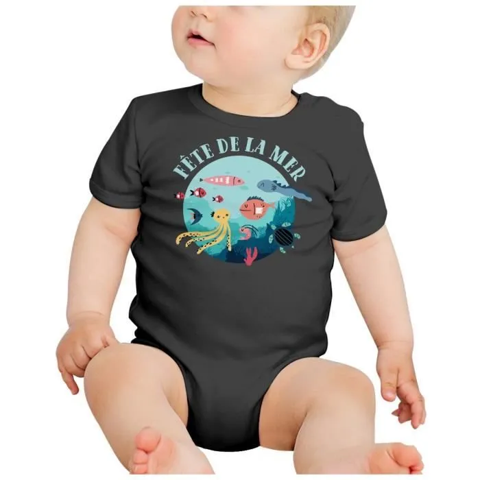 Body Bébé Manche Courte Noir Fête de la Mer Poisson Animaux Dessin Illustration-1