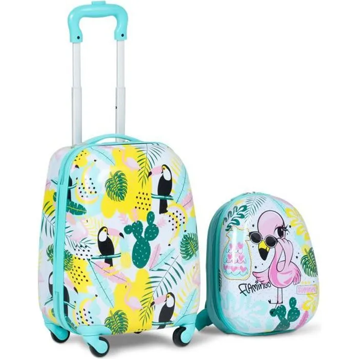 COSTWAY Valise Enfant à Roulettes Bagage pour Enfant 16’’ + Sac à Dos 12’’ en Motif Flamant pour Enfant-0