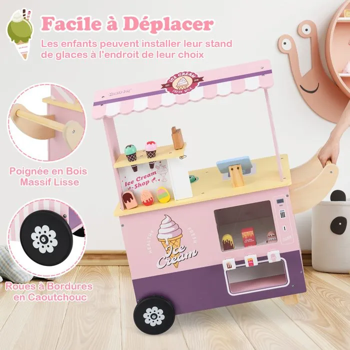 COSTWAY Chariot à Glaces Enfant Marchande Desserts 15 Accessoires, Caisse avec Écran et Scanner, Distributeur Automatique, Rose-4