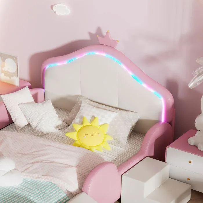 Lit enfant 90x200cm en similicuir avec petit toboggan et escalier + LED multicolore et sommier à lattes - Beige-1