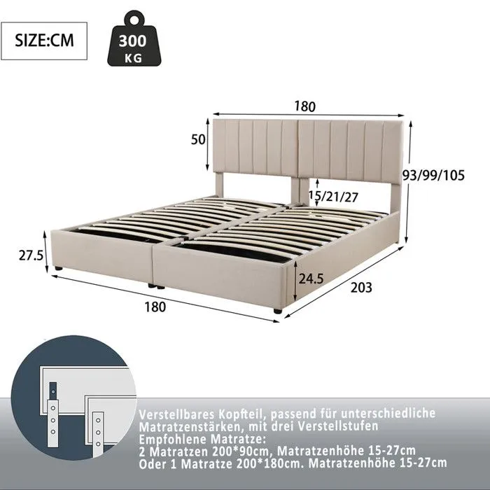 MODERNLUXE Lit adulte 180x200 cm, lit de rangement, lit double multifonctionnel, sommier à lattes, beige-3
