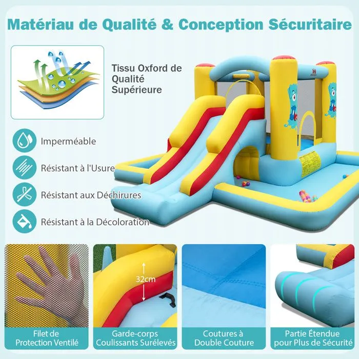 COSTWAY Château Gonflable 7 en 1 pour Enfants avec Toboggan, Tunnel, Panier de Basket, Jeu de Lancer d'Anneaux Souffleur Non Inclus-2