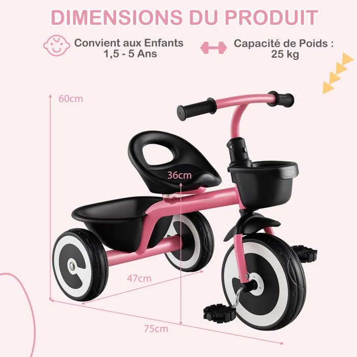 COSTWAY Tricycle pour Enfant avec Pédale, Siège Réglable, Paniers de Rangement, Fer Carbone Robuste, 4 Roues EVA, 1,5 à 5 Ans, Rose-2