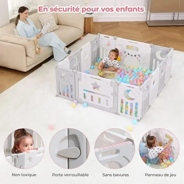 Parc Bébé Plastique Pliant 8+2 Panneaux d’Activité et Porte Barrière Sécurité Enfant Protection Intérieur Extérieur Gris Blanc-1