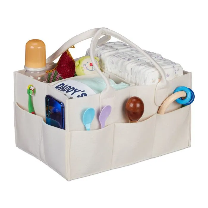 Relaxdays Rangement couches, 11 compartiments, panier langer portable, organiseur chambre bébé, corbeille, beige-0
