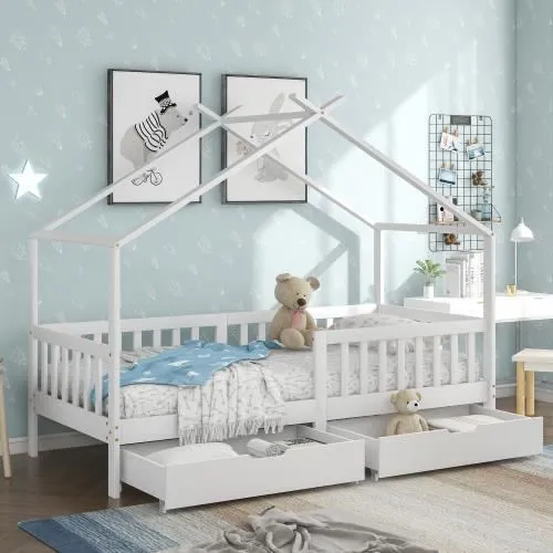 Lit cabane pour enfant - LIBERTÉ - 200x90 cm - Bois massif - 2 tiroirs - Blanc-1