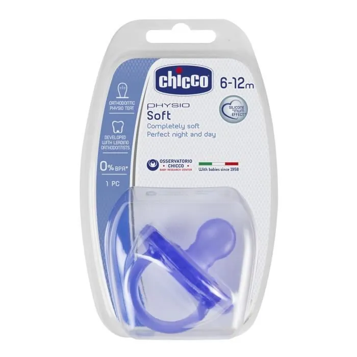 CHICCO Sucette Physio Soft "tout silicone" - Vert ou violet aléatoire - 6-12m - Blister-1