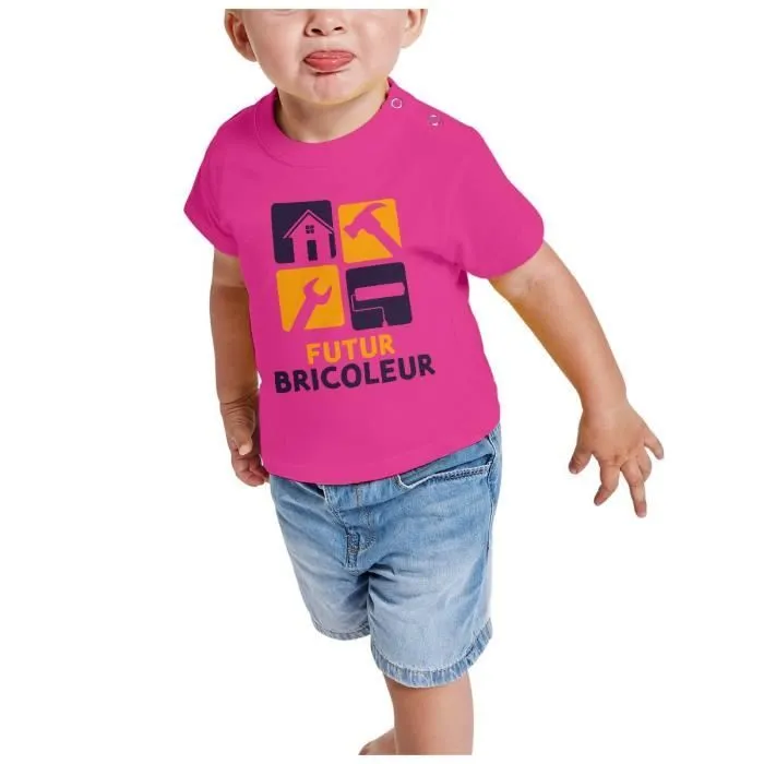 T-shirt Bébé Manche Courte Rose Futur Bricoleur Métier Manuel Maison-1