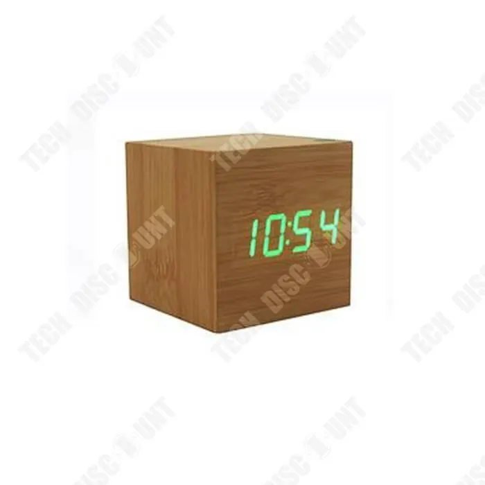 TD® réveil en bois cube numérique led horloge enfant matin lumineux de voyage digital petite thermometre gros chiffres design pas ch-1