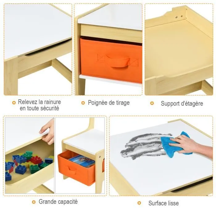 COSTWAY Ensemble Table et 2 Chaises pour Enfants, 2 Face (Noir et Blanc), 2 Boîtes de Rangement, pour Dessin,Manger, Etudier, Jouer-2