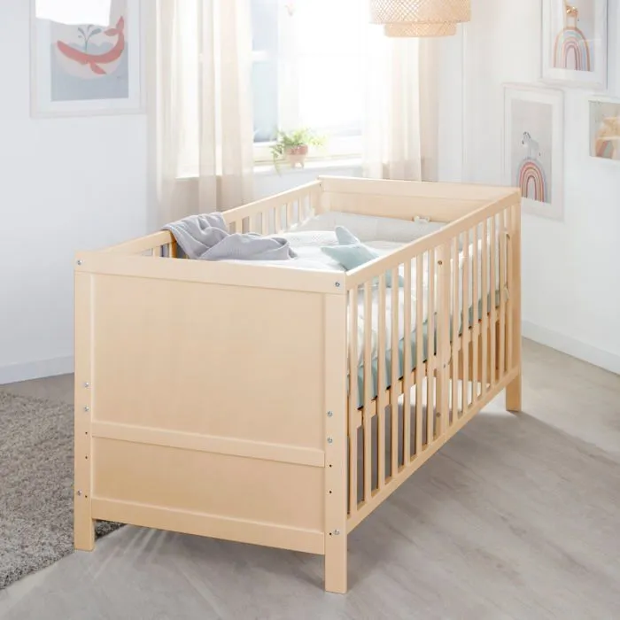 Lit Bébé Évolutif ROBA EASY SLEEP 70 x 140 cm + Matelas Roulé + Kit de Transformation - Réglable en Hauteur - Bois Naturel-1