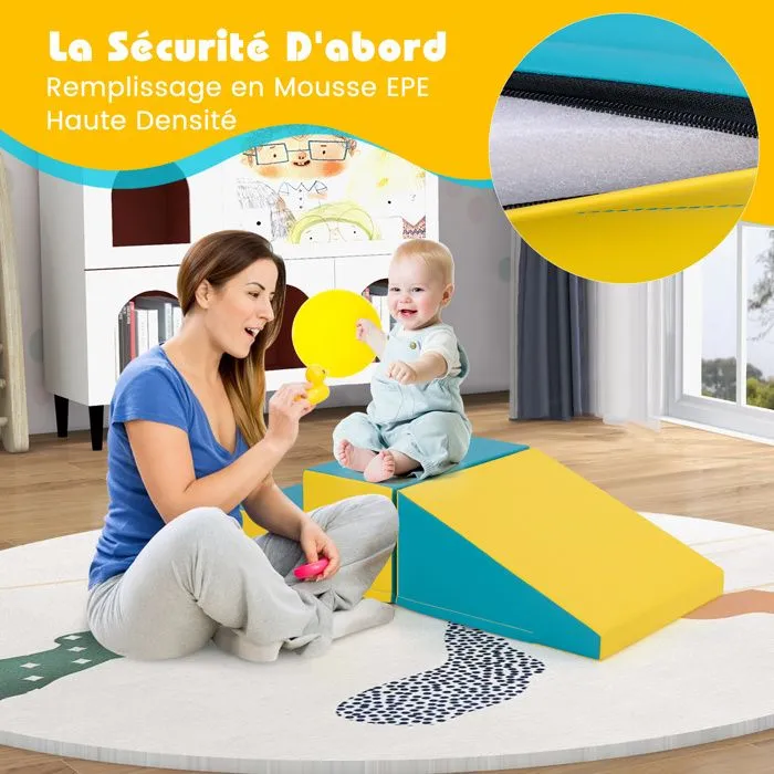 2PCS Module Motricité Bébé en Mousse COSTWAY-Bloc de Construction Housse en PU Amovible-Attache Auto-aggrippant-Jaune + Vert-1