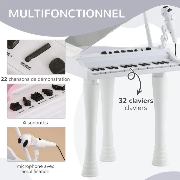 AIYAPLAY Piano enfant électronique, clavier de piano, 32 touches multifonctions, couvercle lumineux LED, blanc-4