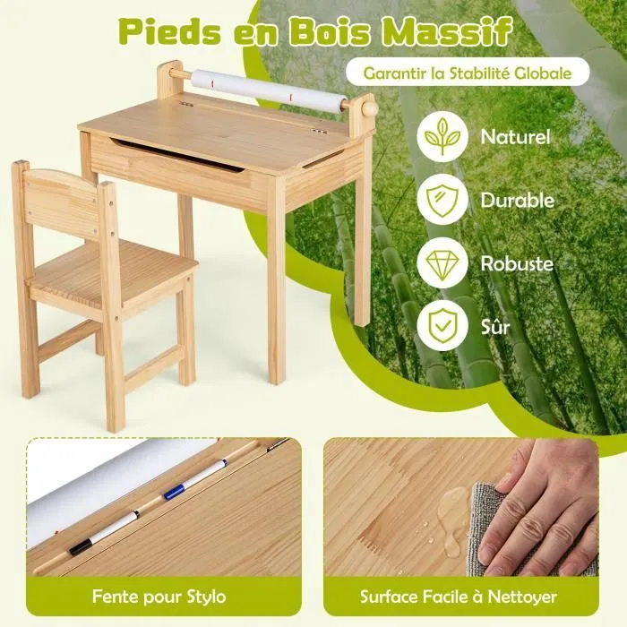COSTWAY Bureau pour Enfants avec Chaise, Rouleau de Papier, Plateau Rabattable(Rangement Caché) en Bois pour 3+ Ans, Naturel-2