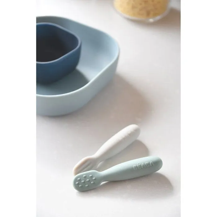 Lot 2 pré-cuillères d'apprentissage silicone Vert sauge/Gris velours-4