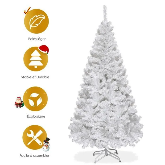 COSTWAY Sapin de Noël Artificiel 180cm Aiguilles en PVC Arbre en Epicéa avec Support en Métal pour Maison, Magasins Hôtels Blanc-1